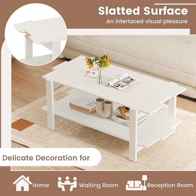 Giantex Coffee Table with Storage, 45 Inch Modern Center Table with Slatted Design & Side Rail Support, Rectangular Living Room Table for Small Spaces, White