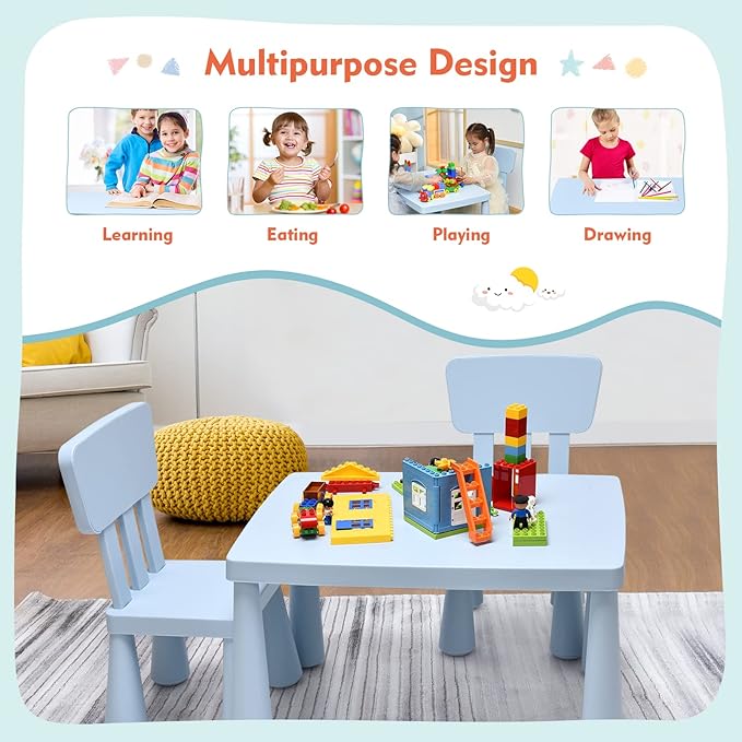 LDAILY Kids Table and Chairs, 3-Piece Children Arts Nursery Furniture for Drawing, Reading, and Painting, Light Weight Plastic Activity Kids Desk and Chair Set for Playroom, Kindergarten (Blue)