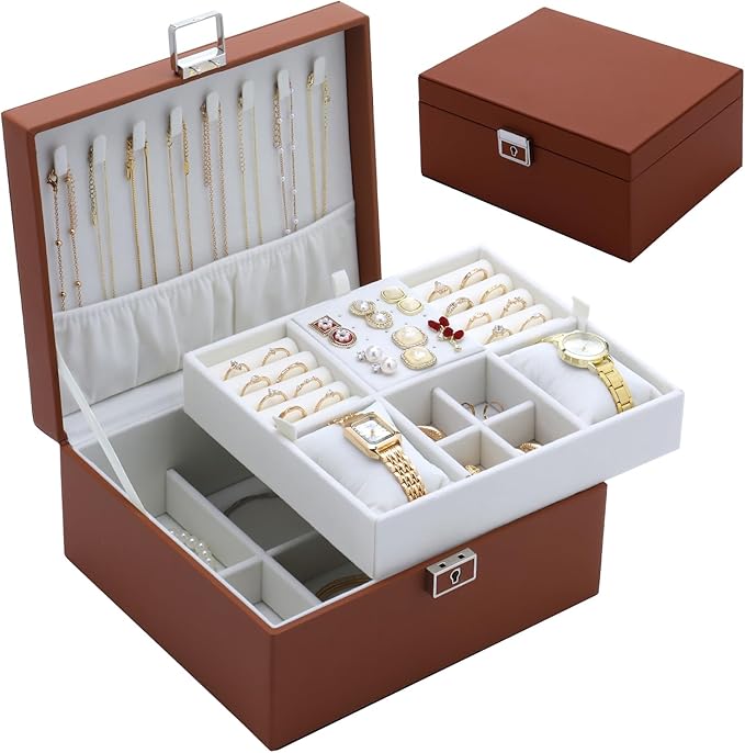 Jewelry Organizer Box for Women,Large Genuine Leather Jewelry Organizers and Storage with Earring Holder Organizer Removable Velvet Jewelry Tray,Christmas Gifts for Mom,Orange