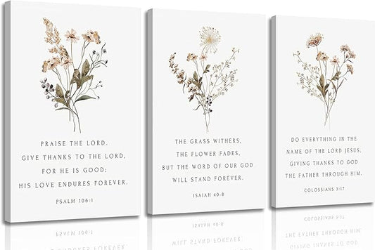 Wildflower Verses Canvas Wall Art Bible Verses Floral Paintings Pictures Wall Decor Botanical Scripture Christian Posters Prints for Bedroom Living Room Office Christian Scene Home Decorate