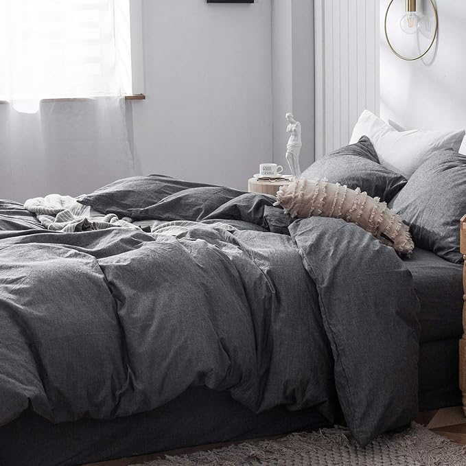 MooMee Bedding Duvet Cover Set 100% Washed Cotton Linen Like Textured Breathable Durable Soft Comfy (Heathered Dark Grey, Full 80"x90")