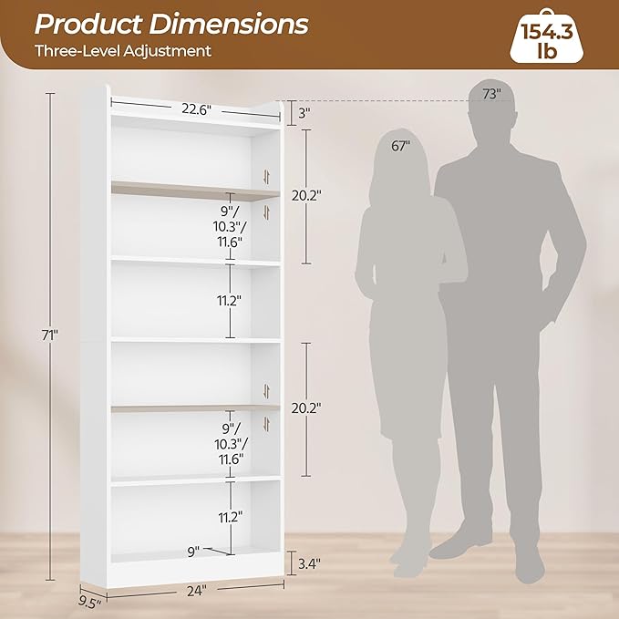 Yaheetech 7-Tier Open Bookcase and Bookshelf, Modern Simple Floor Standing Display Storage Shelves with Top Open Compartment for Home Office, Living Room, Bed Room - White
