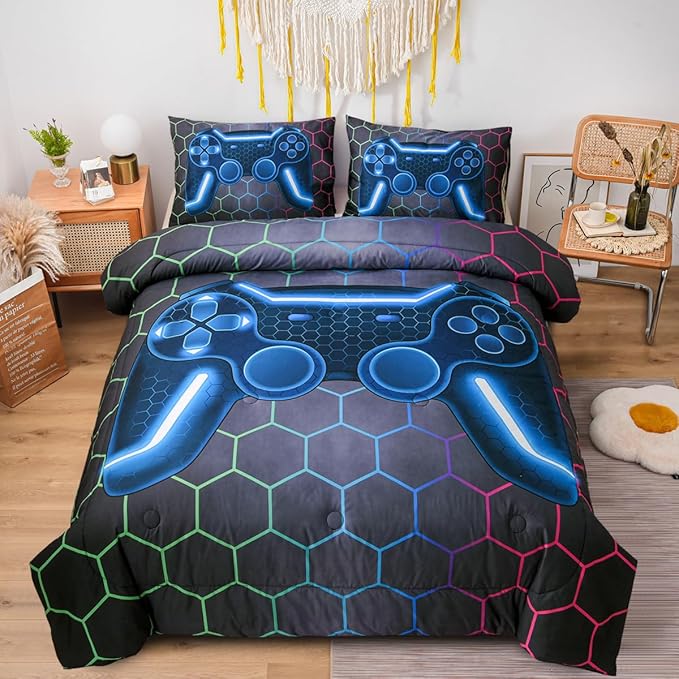 NTBED Game Console Comforter Set for Boys Girls Kids 3D Gaming Geometric Lightweight Microfiber Gamer Bedding Sets (Multi, Twin 5Pcs)