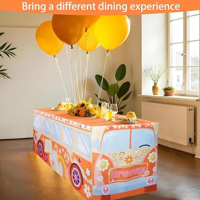 4Ft Groovy Bus Tablecloth,Hippie Birthday Party Decorations for 60s 70s Boho Themed Birthday,Baby Shower,Carnival Party Decorations