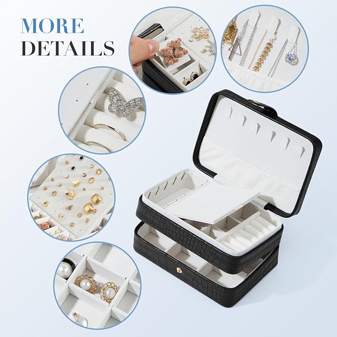 PU Leather Small Jewelry Box for Women Girls, Double Layers Travel Portable Jewelry Case for Ring, Pendant, Earring, Necklace, Bracelet Organizer Storage Holder Boxes, Black