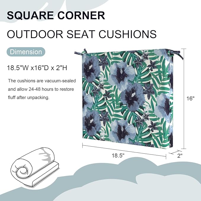 Set of 4 Outdoor Square Chair Cushions 18.5"x16"x2" for Patio, Water Resistant Patio Dining Seat Pads Replacement for Kitchen Garden and Outdoor Furniture Decoration - Blue Salmone Tropical