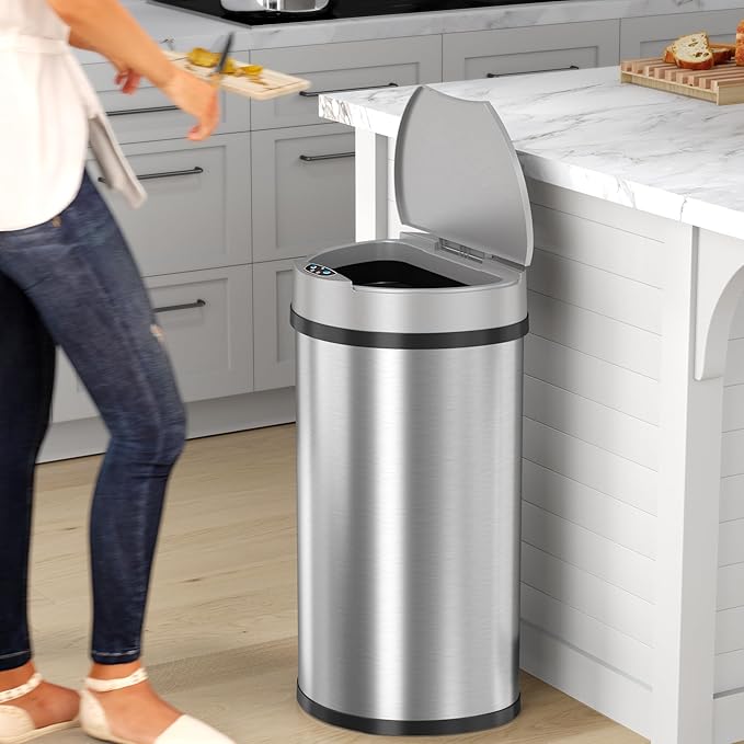 iTouchless 13 Gallon Kitchen Trash Can with Odor Control System, Stainless Steel Extra-Wide Opening Touchless Automatic Garbage Bin, Brshed Silver, Semi Round, Sensor