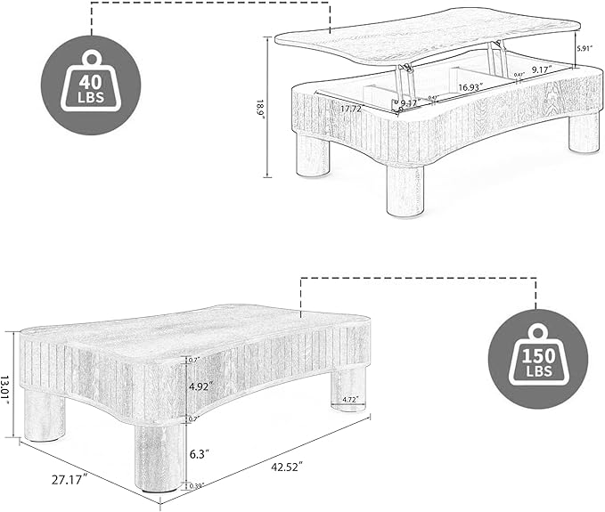 42.5'' Modern Lift Top Coffee Table for Living Room, Solid Natural Wood Center Table, Fluted Panel Design, Storage Compartments, 42.5x27.2 Inch Surface, Hydraulic Lift Mechanism, Easy Assembly