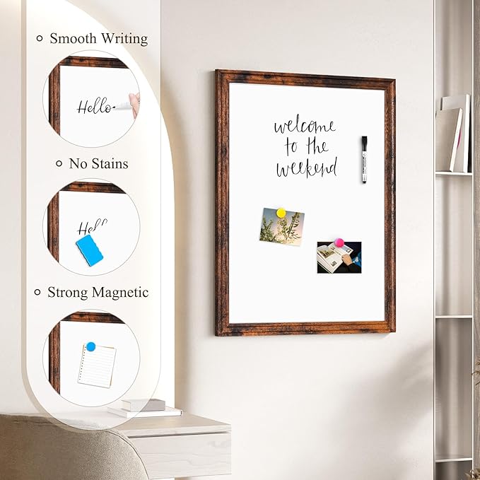 4 THOUGHT Dry Erase Board, 36" x 24" Magnetic Whiteboard Brown Vintage Wood Frame Wall-Mounted White Board Decorative Notice Board School, Office, Home, 6 Magnets 4 Markers 1 Eraser