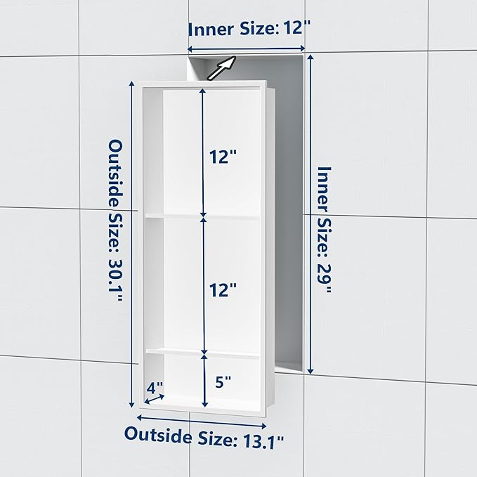 Stainless Steel Shower Niche 12" X 29", No Tile Needed Wall Niche Three-Tier Shower Niche Shelf, Recessed Niche Shower for Bathroom Storage, Matte White