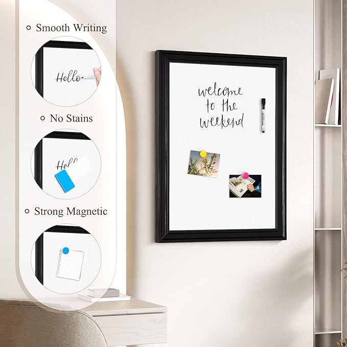 4 THOUGHT Dry Erase Board, 18 x 24 in Magnetic Whiteboard Black Vintage Wood Frame Wall-Mounted White Board Decorative Notice Board for School, Office, Home, Kitchen with 6 Magnets 4 Markers 1 Eraser
