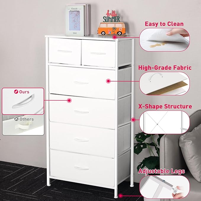 Tall Dresser for Bedroom, Vertical Storage Organizer Tower with 6 Drawers, Chest of Drawers with Fabric Bins, Steel Frame, Wood Top for Bedroom, Closet, Entryway- White