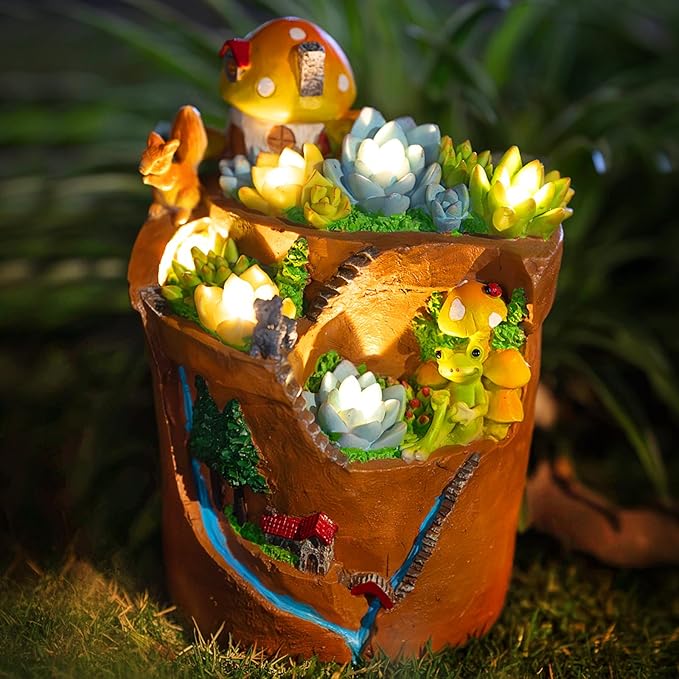 Garden Solar Figurine Light - Flowerpot Succulent Solar Light Outdoor, Solar Powered Lighting Outside Decorations Yard Art Lawn Ornaments for Porch Patio Balcony - Succulent Gifts for Women Mom