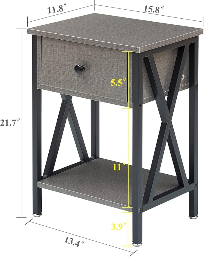 VECELO Nightstand,Modern Bedside End Table, Night Stand with Drawer and Storage Shelf for Living Room Bedroom, Industrial Metal Frame