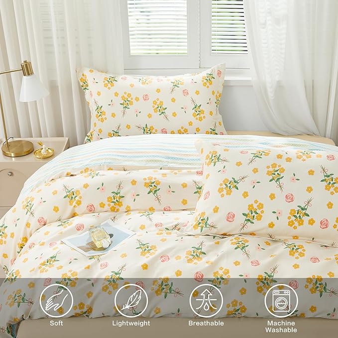 SAPHREAS Yellow Floral Duvet Cover Set Garden Style Botanical Bedding Comforter Cover Set 100% Cotton 1 Duvet Cover 68"x90" 1 Pillow Sham, Comforter Not Included