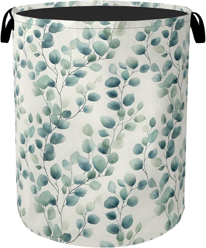 Sage Green Plant Large Clothes Hamper Bag - Laundry Basket with Handles, Space Saving Foldable Design for Nursery