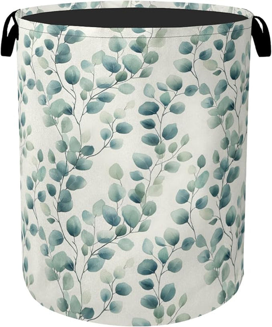 Sage Green Plant Large Clothes Hamper Bag - Laundry Basket with Handles, Space Saving Foldable Design for Nursery