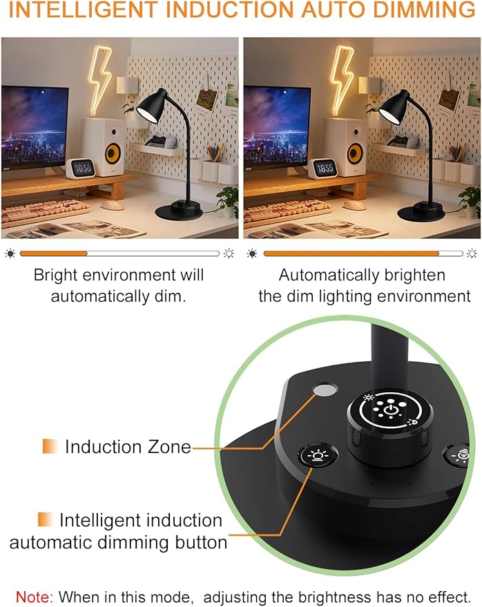 BOHON LED Desk Lamp with USB Charging Port 3 Color Modes Dimmable Reading Light Intelligent Induction Auto Dimming Task Lamp Flexible Gooseneck Table Lamp for Bedside Office, AC Adapter Include