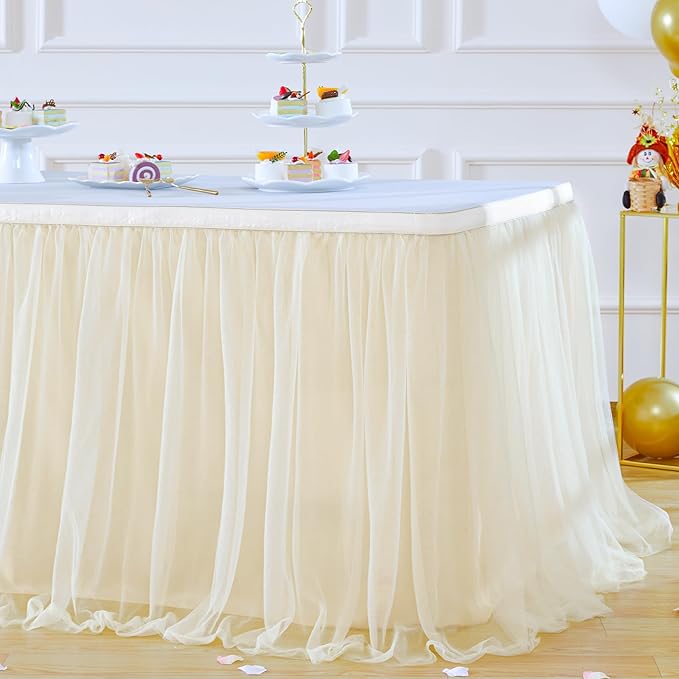 Suppromo 9ft Champagne Tulle Table Skirts for Rectangle Tables or Round Tables Champagne Tutu Table Cloth Cover for Wedding Birthday Party Baby Shower Dessert Cake Table Decor