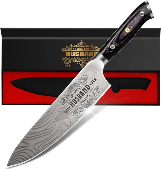 Anniversary Men Gifts for Him Husband, 8 inch Professional German Stainless Steel Chef Knife, Engraved Best Husband Ever Knife Gift, Christmas Anniversary Birthday Gifts for Men Husband