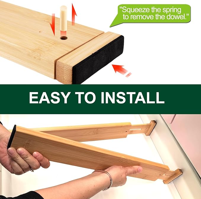 Kitchen Drawer Dividers, Adjustable Bamboo Drawer Organizer (12.8-17"), Expandable Utensil Organizer for Kitchen Storage, Closet, Dresser (4 Pack)