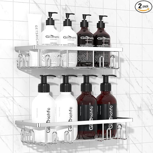 2025 New Adhesive Shower Caddy, Shower Shelves with 16 Hooks, Silvery 2 Pack