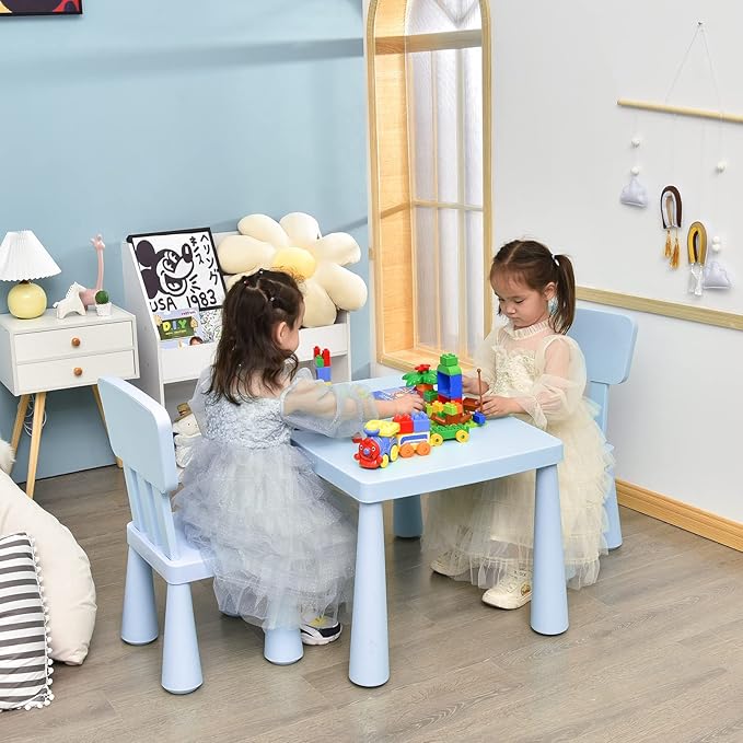 LDAILY Kids Table and Chairs, 3-Piece Children Arts Nursery Furniture for Drawing, Reading, and Painting, Light Weight Plastic Activity Kids Desk and Chair Set for Playroom, Kindergarten (Blue)