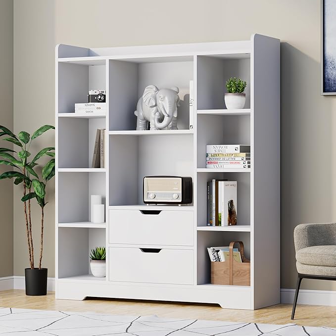 Cozy Castle Kids Bookshelf with Storage, Toy Storage Organizer with 2 Drawers and 10 Cubes 4-Tier Bookcase for Bedroom, Playroom, Hallway, Living Room(White)