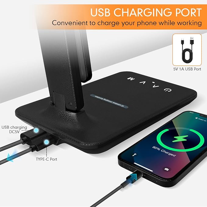 karidi LED Desk Lamp with Wireless Charger, Dimmable Table Lamp Reading Lamp with USB Charging Port, 5 Lighting Modes, Sensitive Control, Foldable Portable Desk Light for Home Office Bedroom Reading