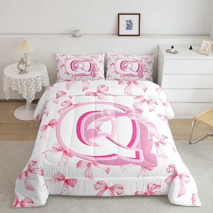 jejeloiu Kids Girls Cute Pink Bow Comforter Set Toddler Size Monogrammed Bedding Set Ultra Soft Personalized Initial Duvet Quilt Coquette Bow Knot Quilt Set Room Decor Modern Fashion Comforter