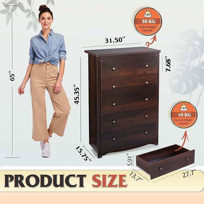 WLIVE Wood Dresser with 5 Drawers, Rustic Brown Wooden Storage Cabinet for Bedroom, Modern Organizer Drawers and Closet Dresser for Living Room, Hallway, Measuring 15.75" W*31.50" D*45.35" H