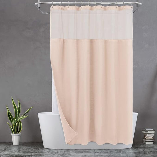 N&Y HOME Waffle Weave Pink Shower Curtain with Snap-in Fabric Liner & 12 Metal Hooks Set - Hotel Style, Waterproof & Washable, Heavyweight Fabric & Mesh Top Window - 71x72, Rosewater Pink