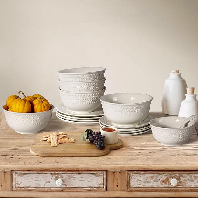 Large Salad Bowls Set of 4, 60oz White Serving Bowls Deep Deep Embossed Ceramic Mixing Bowl for Soup Kitchen, Eating, Ramen, Pasta, Dishwasher & Microwave Safe 8 inch (Multiple Patterns)