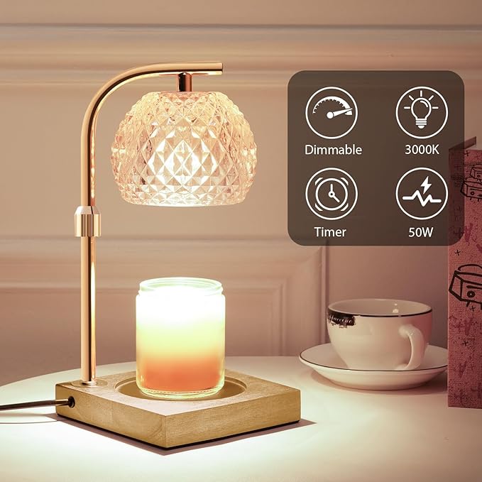 Mocalido Candle Warmer Lamp with Timer, Dimmable Electric Candle Warmer Adjustable Height, Top Candle Melter Warming Lamp for Scented Jar Candles, Clear