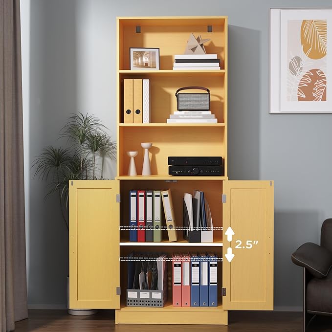 75" Tall Bookcase with Doors, 5 Tier Large Bookshelf with Cabinet, Standing Wood Display Book Shelf for Living Room, Office, Library with Doors, Oak