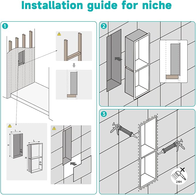 Stainless Steel 12"x24" Shower Niche - No Tile Needed Recessed Wall Niche Waterproof for Walk in Shower Bathroom Storage, Black