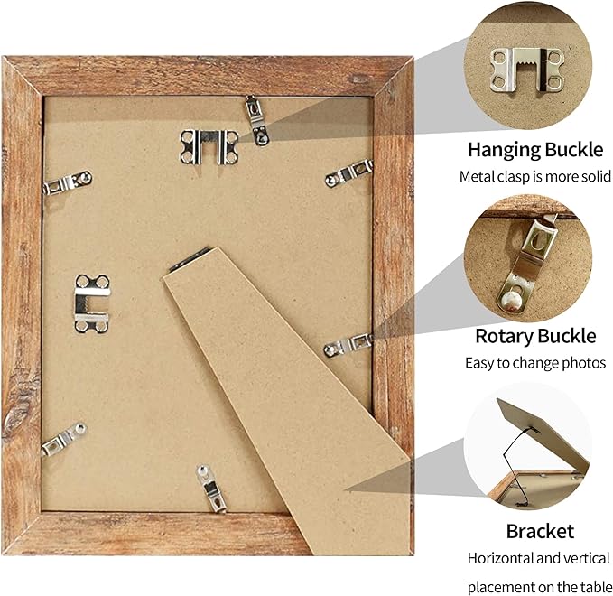 8x10 Picture Frame Set of 4, High Definition Real Glass Rustic Brown Frame, 8 x 10 Photo Frames for Desktop Display and Wall Mounting