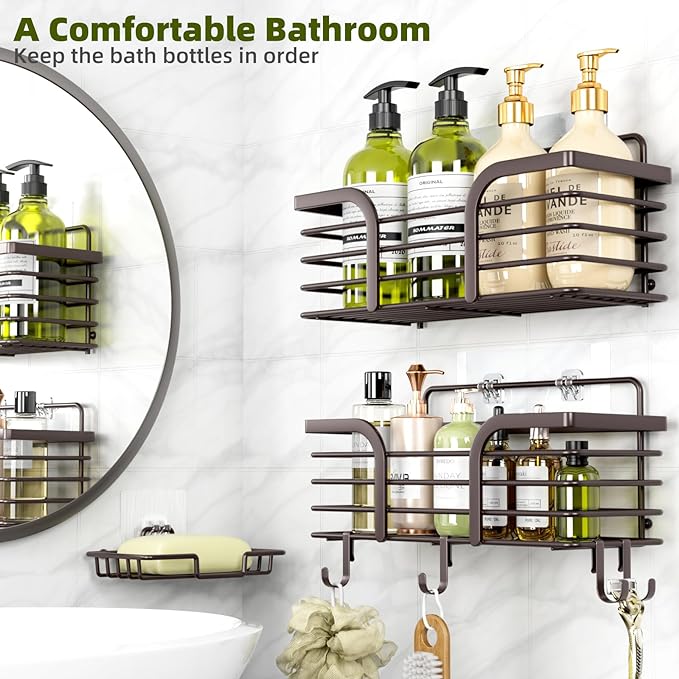 Yougai Shower Caddy 3 Pack, No drilling Stainless Steel Hanging Shower Organizer Set, Strong Adhesive Shower Organizer for Bathroom Storage, Waterproof & Large Bearing Weight Organizer Shelf, Brown