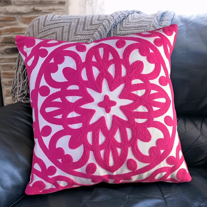 Alysheer Embroidered Decorative Throw Pillow Cover 18x18 inches, Classic Boho Mandala Knit Pattern, Farmhouse Cottage Cotton Canvas Cushion Case for Sofa Couch Bed Living Room Decor(Bright Hot Pink)