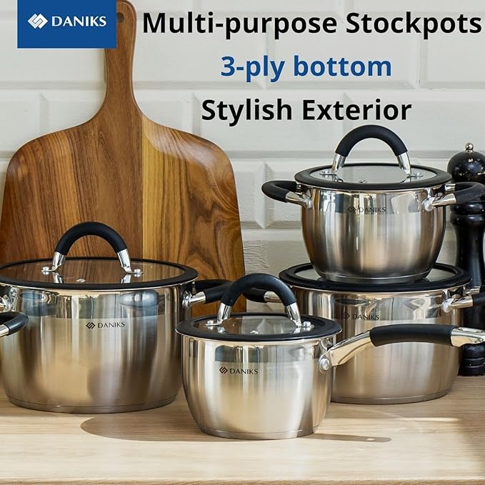 Daniks Orlando Frying Pan With Lid Included, 11-Piece Stainless Steel Induction Cookware Set, Dishwasher Safe, Glass Lids, Heatproof Handles, Measuring Scale, Silver