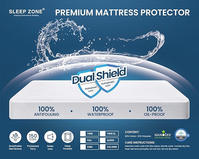 SLEEP ZONE Waterproof Mattress Protector Twin Size, Nanotex Soft Breathable Cotton Terry Mattress Cover, Washable Noiseless Bed Cover Deep Pocket 8"-21", (White Cali King)