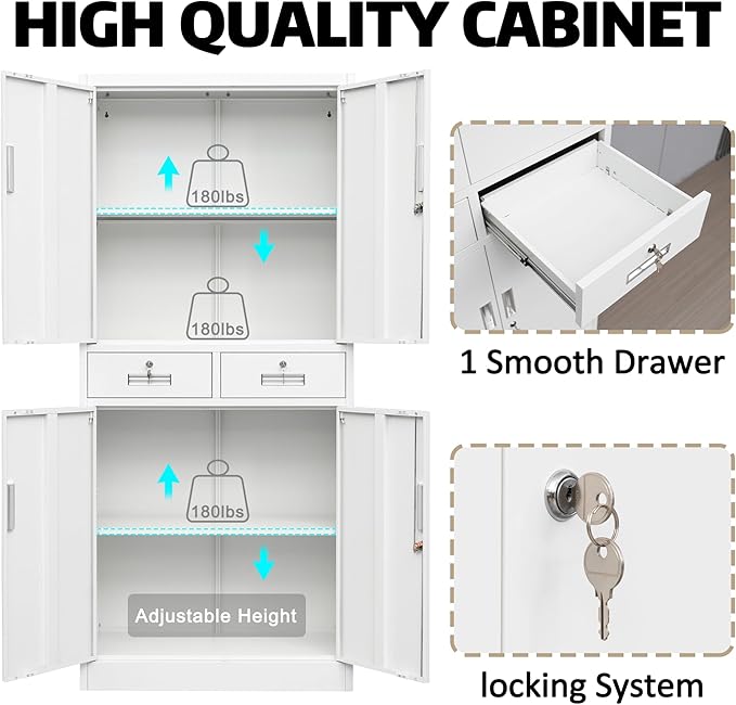Metal Storage Cabinet, 71" H x 31.5" W x 15.8" D, Black, 4 Shelves, 2 Locking Drawers, Modern Style, Wall-Mounted, Home Office