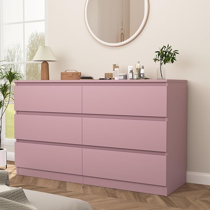 Pink Dresser for Bedroom, Modern 6 Drawer Dresser with Deep Drawer,Wide Storage Chest of Drawers, Bedroom Storage Organizer Furniture,TV Stand for Living Room