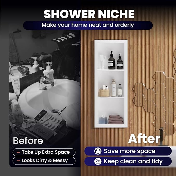 Stainless Steel Shower Niche 12" X 36"，3-Tier Shelf Niches Bathroom Shelf Recessed Wall Niche No Tile Needed Shower Shelf for Bathroom Storage(White, 12 x 36)