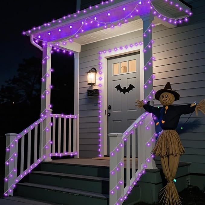 QITONG 165ft 500 LED Purple Halloween Lights Outdoor, Clear Wire String Lights Plug-in, 8 Modes Christmas Lights Indoor