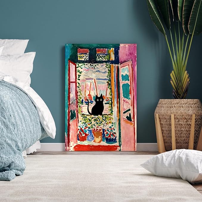 FASWQ Whimsical Black Cat Wall Art, Van Gogh Matisse Picasso Wall Decor, Funny Bathroom Canvas Paintings, Cute Animal Aesthetic Pictures for Living Room Kids' Room Framed Ready to Hang 12"x16"x3