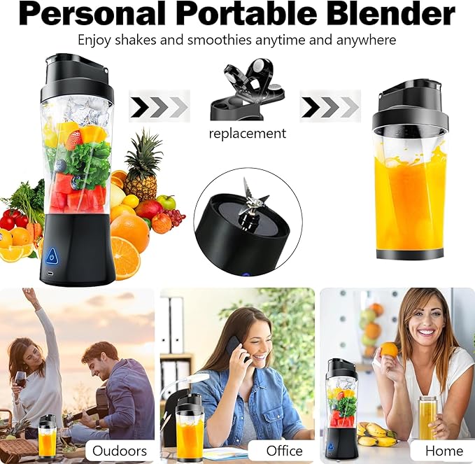 Portable Blender, 24oz Personal Blender for Shakes & Smoothies, 6000mAh, Leakproof-Lid & Sip Spout, BPA Free, USB-C Rechargebale and Self Cleaning Portable Juicer with 6 Sharp Blade, Black