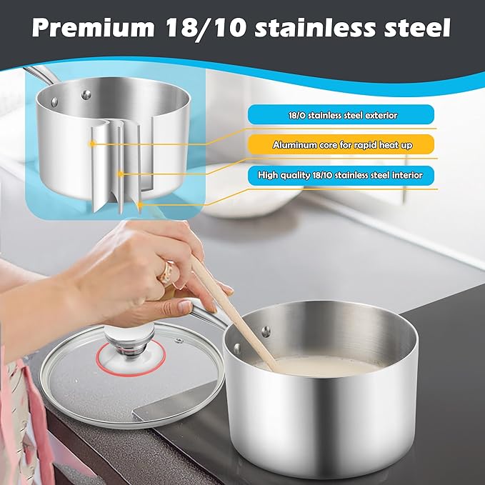 E-far 1-Quart Saucepan, Tri-Ply Stainless Steel Sauce Pan with Glass Lid, Small Cooking Induction Pot Compatible with All Cooktops, Non Toxic, Oven & Dishwasher Safe