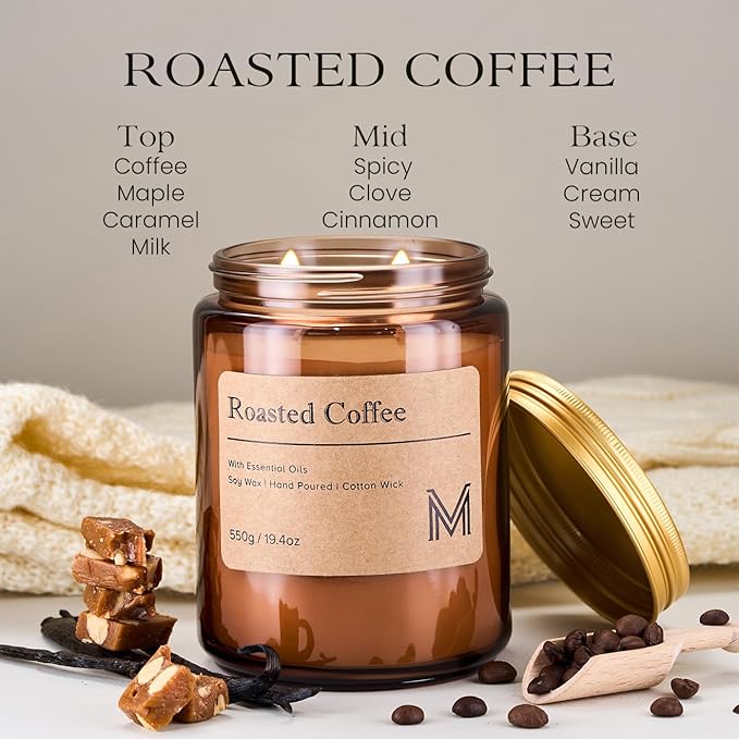 M&SENSE Roasted Coffee Home Scented Candle | 19.4oz, 117-Hour Burn | Natural Organic Soy Wax | Long-Lasting for Stress Relief and Gifting | for Bedroom，Relaxing SPA，Office