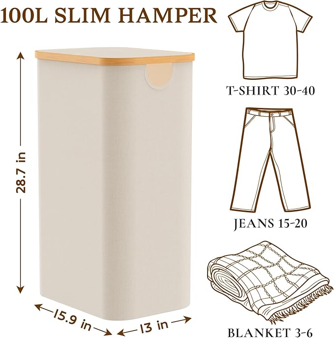 Laundry Hamper with Lid, Large Tall Clothes Basket Bin with Bamboo Handles, Collapsible Laundry Hamper for Bedroom, Bathroom, Dorm, Laundry Room, 100L Beige